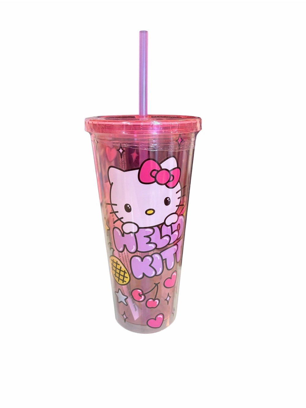 Hello Kitty Pink Fruit Hearts Stars Fruit 20 Oz. Tumbler with Straw